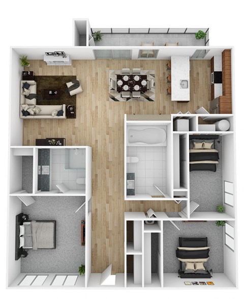 Floor plan for 3 beds, 2 baths, 1325 sqft